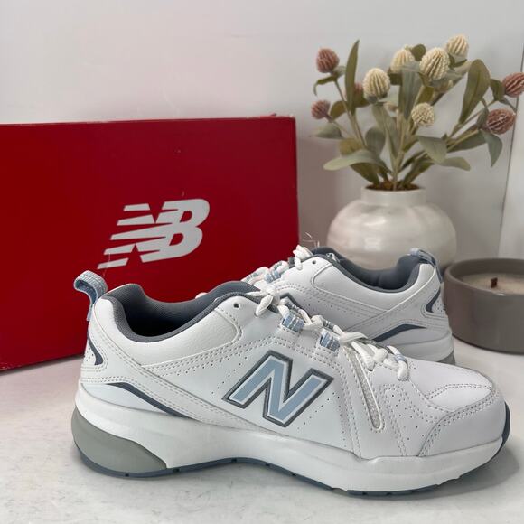 New Balance WX608V5 Faux Leather Sneakers White/Blue Women 8 Wide Tried On - Picture 5 of 10